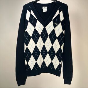 Lacoste Argyle V-Neck Sweater Navy White Light Blue Size 36 (US S) Preppy Golf
